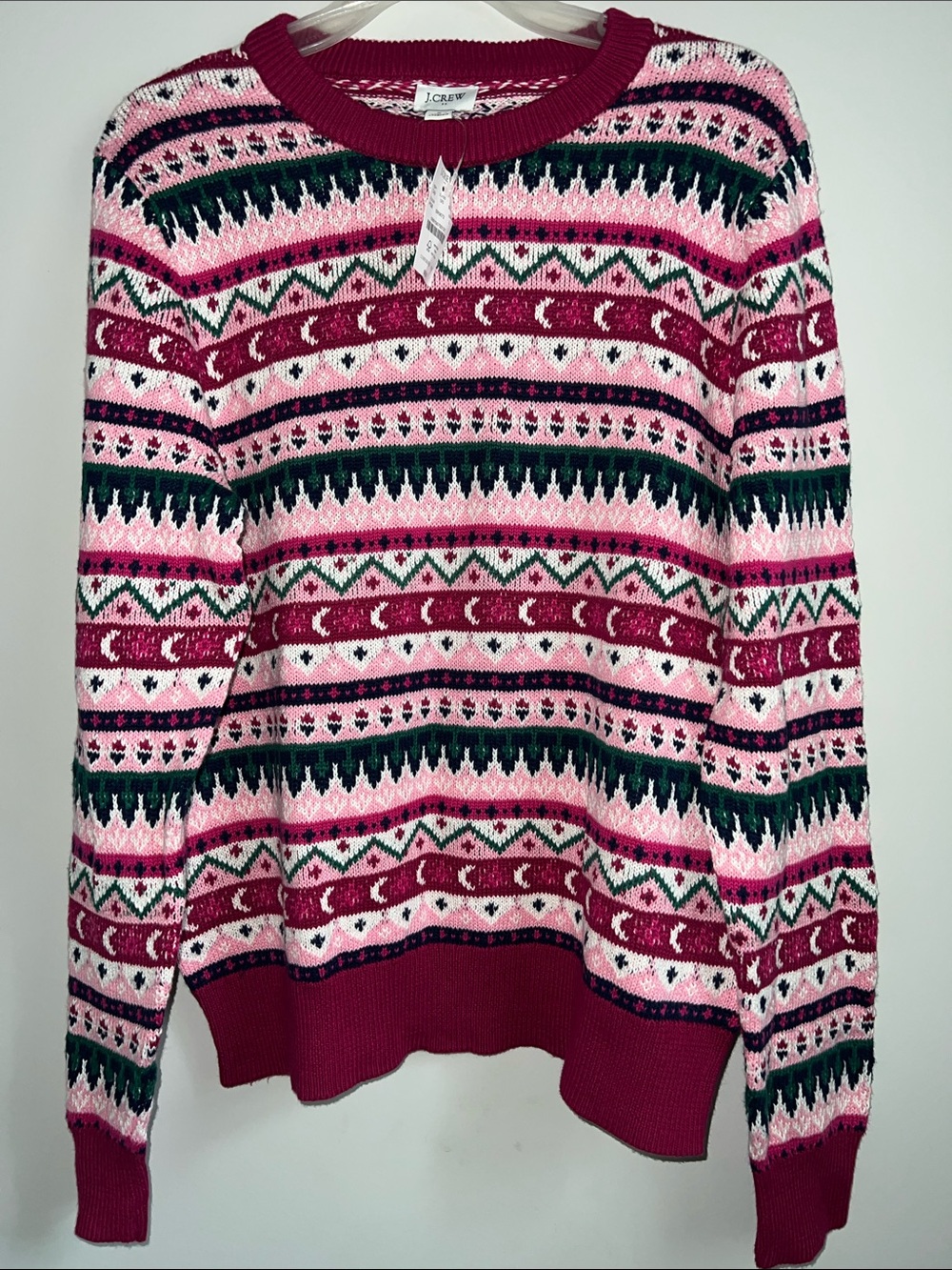 J. Crew Pink & Green Fair Isle Crewneck Sweater